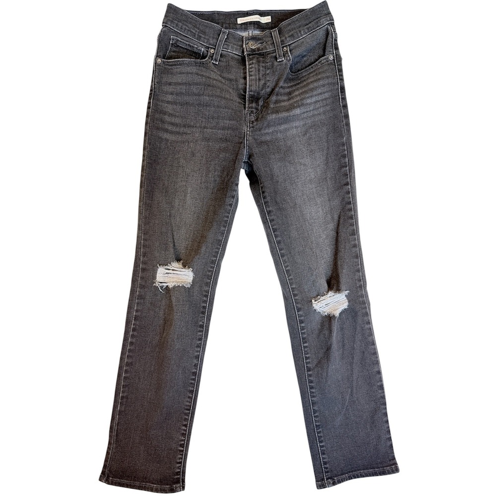 Levi 724 High Rise Straight Women 26 Gray Distressed Denim Jeans
